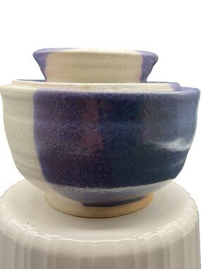 Handmade Ceramic Bowl With Lid - Two-Tone Blue & White Glaze 4.5"H x 5.75"D